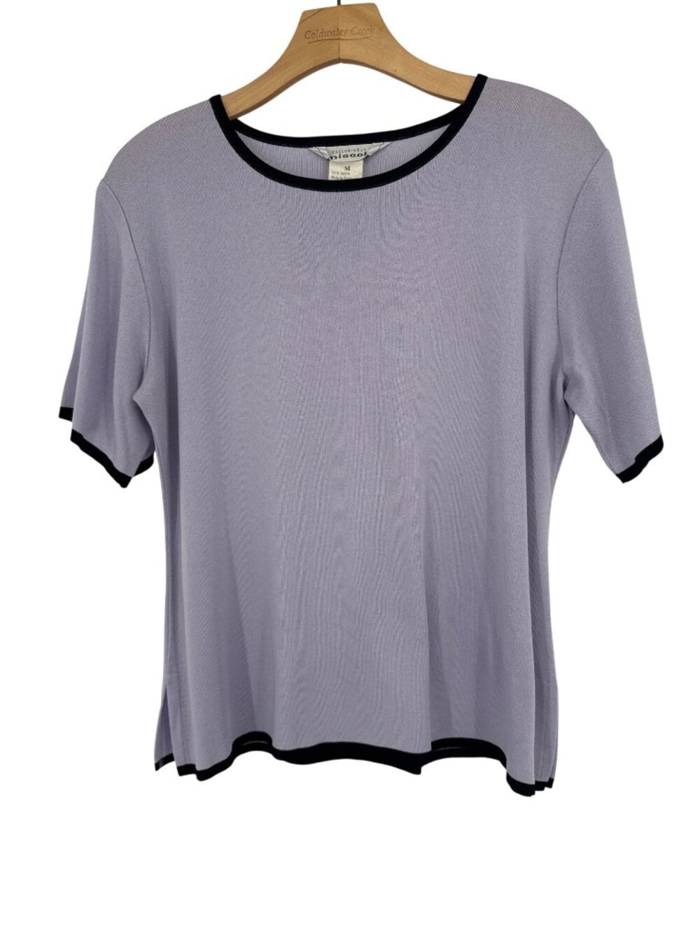 Exclusively Misook Womens Lilac Knit Short Sleeve Top Black Trim Acrylic Size M